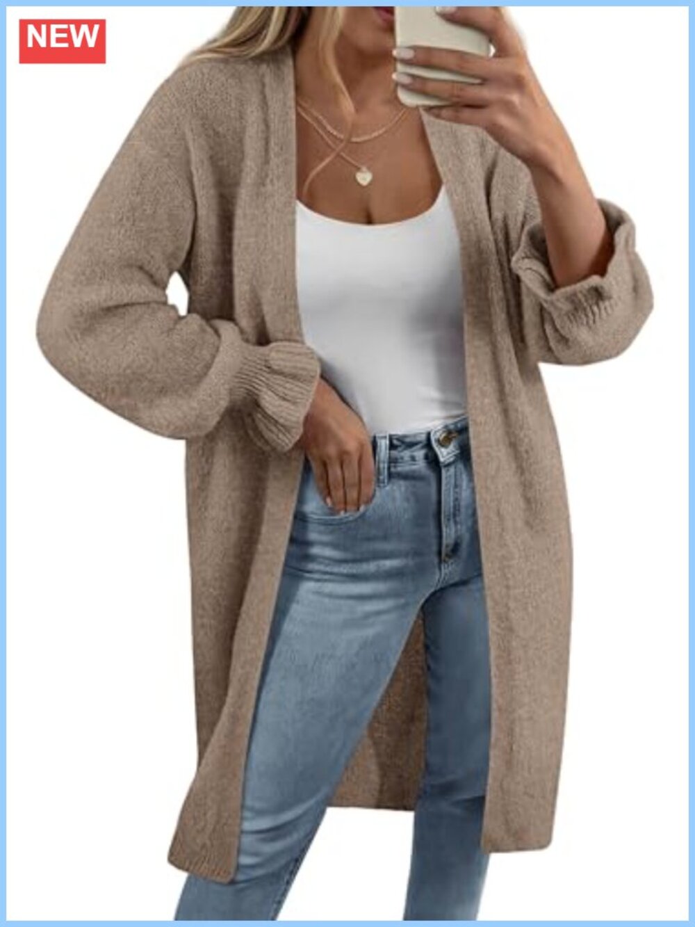Oversized Open Front Long Cardigan Lantern Sleeve Ruffle Cuff Knit Women